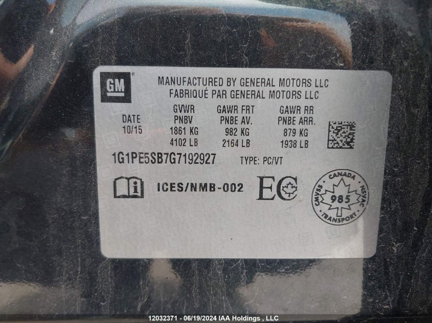2016 Chevrolet Cruze Limited VIN: 1G1PE5SB7G7192927 Lot: 12032371