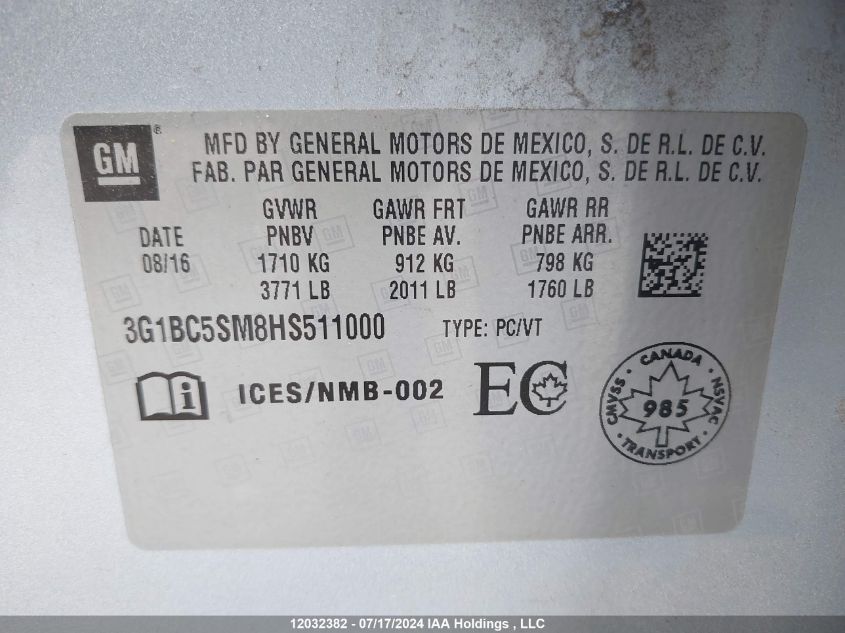 2017 Chevrolet Cruze VIN: 3G1BC5SM8HS511000 Lot: 12032382