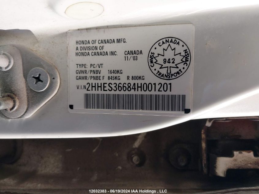 2004 Acura El VIN: 2HHES36684H001201 Lot: 12032383