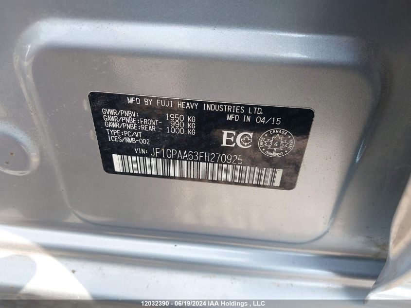 2015 Subaru Impreza VIN: JF1GPAA63FH270925 Lot: 12032390