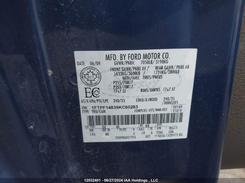 2009 Ford F150 VIN: 1FTPF14839KC60283 Lot: 12032401
