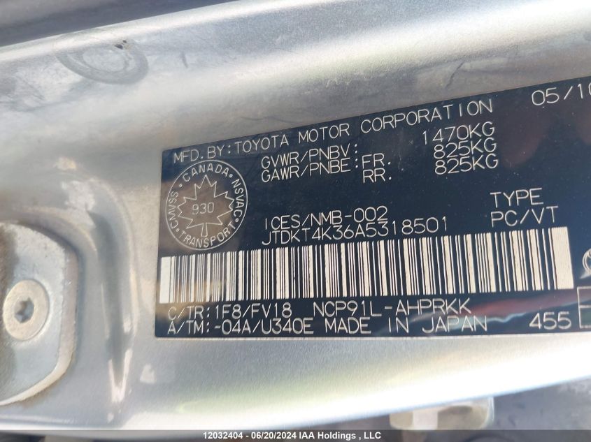 2010 Toyota Yaris VIN: JTDKT4K36A5318501 Lot: 12032404