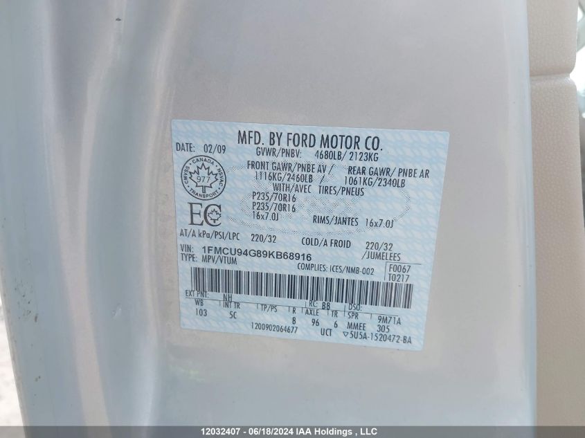 2009 Ford Escape VIN: 1FMCU94G89KB68916 Lot: 12032407