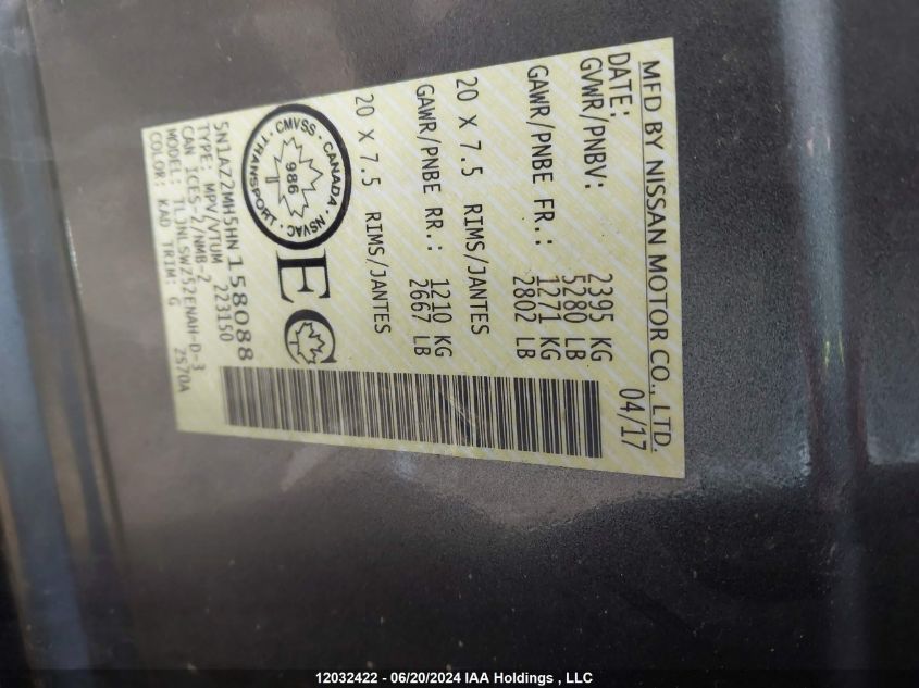 2017 Nissan Murano VIN: 5N1AZ2MH5HN158088 Lot: 12032422