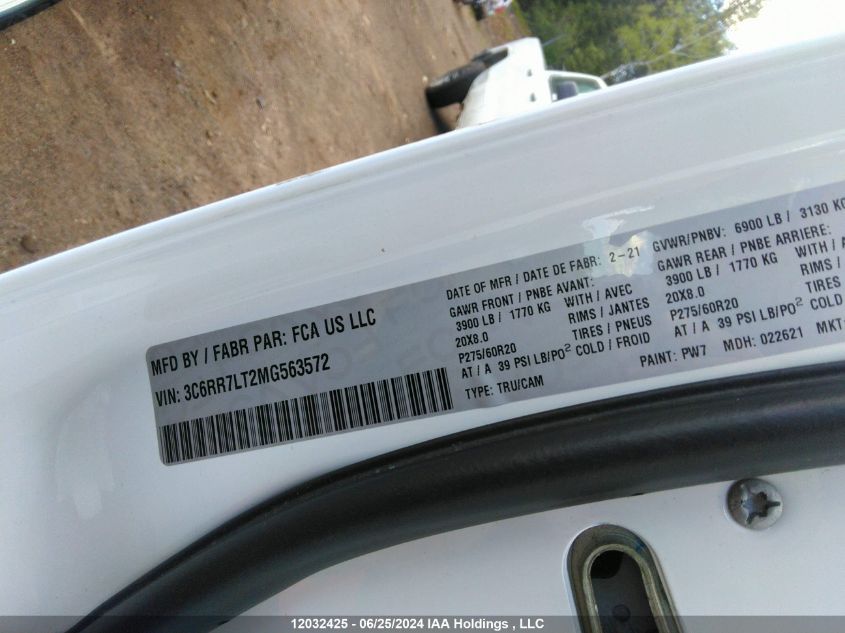 2021 Ram 1500 Classic Slt VIN: 3C6RR7LT2MG563572 Lot: 12032425