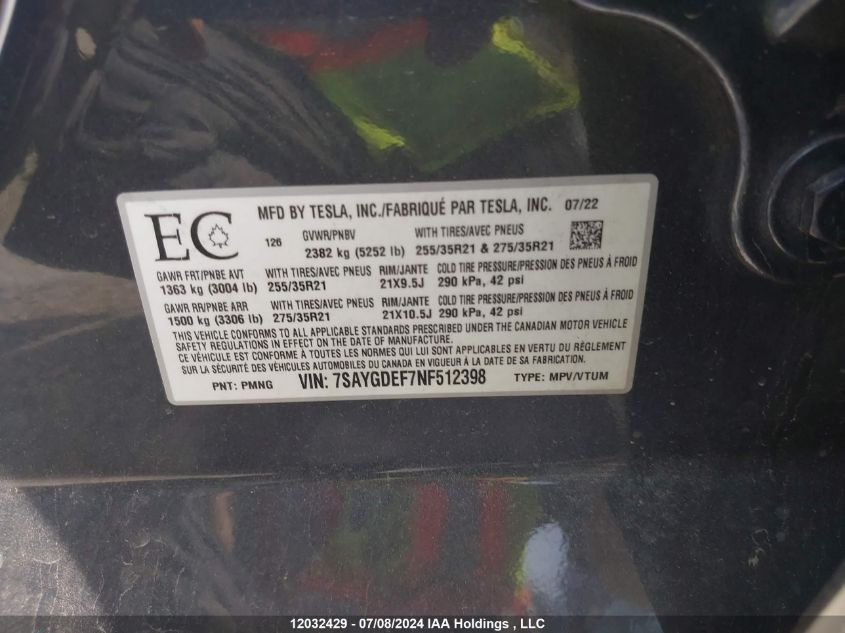 2022 Tesla Model Y VIN: 7SAYGDEF7NF512398 Lot: 12032429