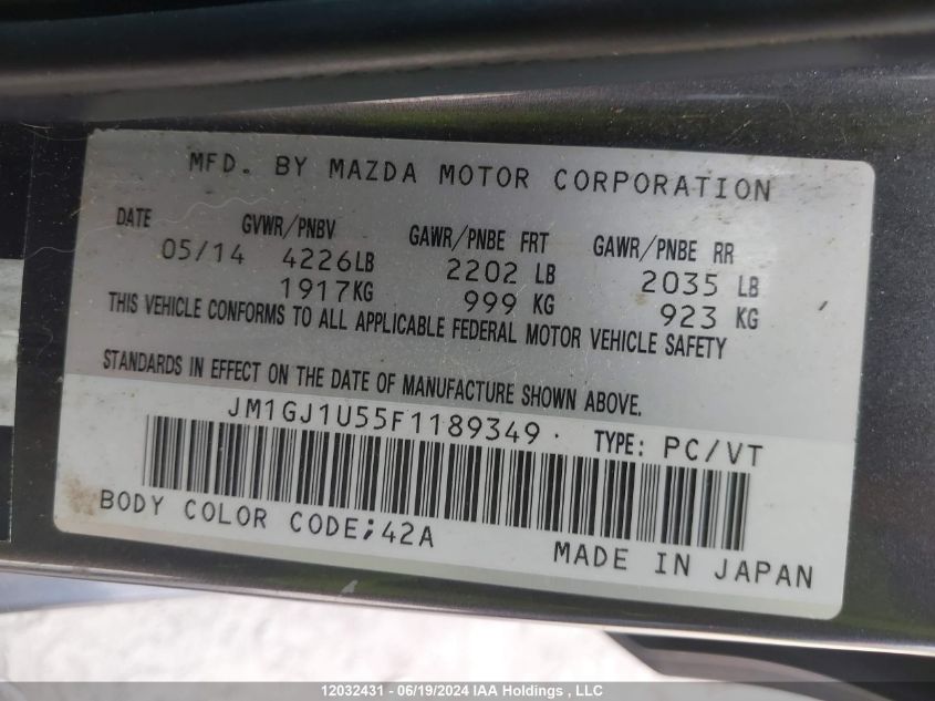 2015 Mazda Mazda6 VIN: JM1GJ1U55F1189349 Lot: 12032431