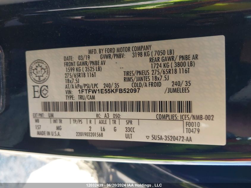 2019 Ford F-150 Xlt VIN: 1FTFW1E55KFB52097 Lot: 12032439