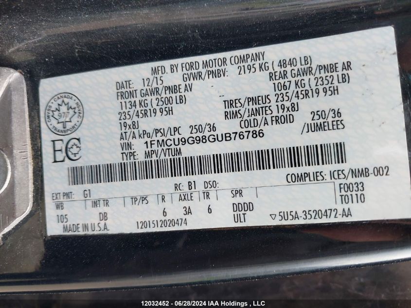 2016 Ford Escape Se VIN: 1FMCU9G98GUB76786 Lot: 12032452