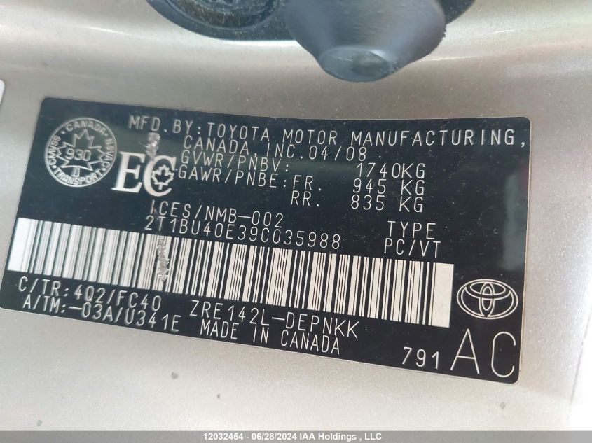 2009 Toyota Corolla S/Le/Xle VIN: 2T1BU40E39C035988 Lot: 12032454