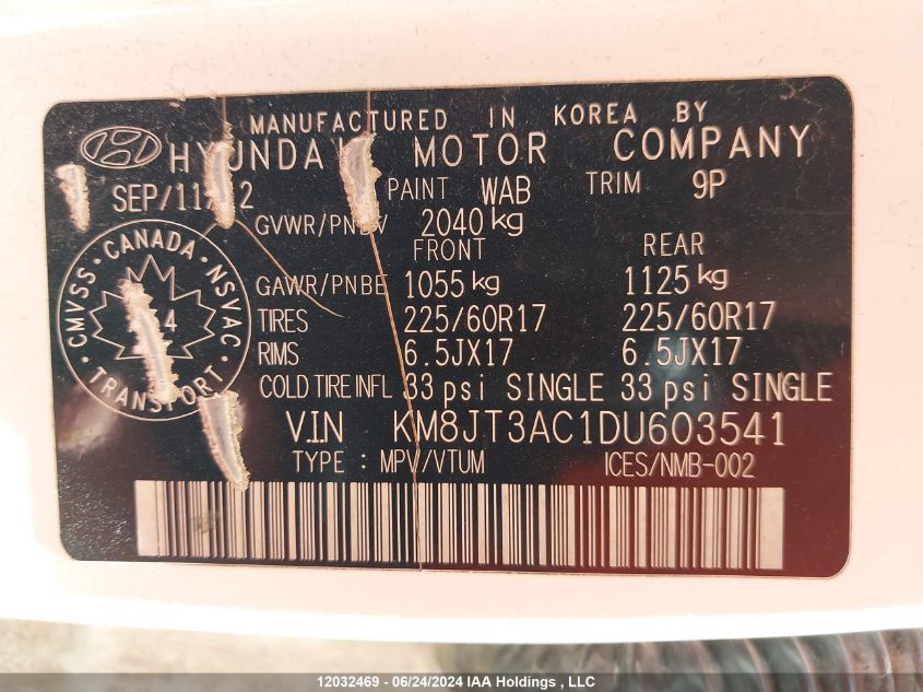 2013 Hyundai Tucson Gl/Gls/L/Premium VIN: KM8JT3AC1DU603541 Lot: 12032469