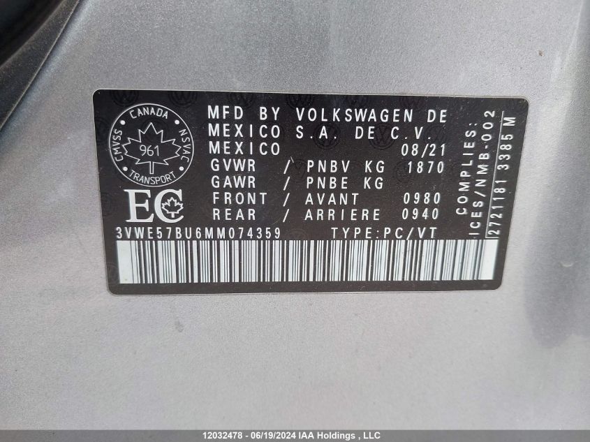 2021 Volkswagen Jetta Sel VIN: 3VWE57BU6MM074359 Lot: 12032478