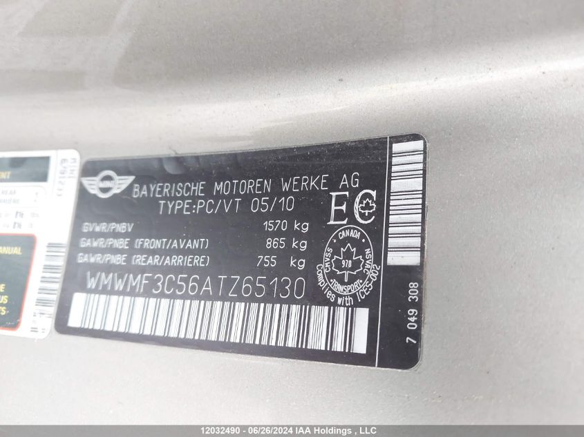 2010 Mini Cooper Hardtop VIN: WMWMF3C56ATZ65130 Lot: 12032490
