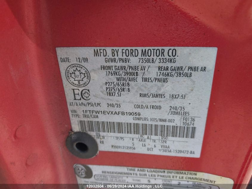 2010 Ford F150 Supercrew VIN: 1FTFW1EVXAFB19059 Lot: 12032504