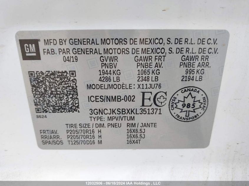 2019 Chevrolet Trax VIN: 3GNCJKSBXKL351371 Lot: 12032506