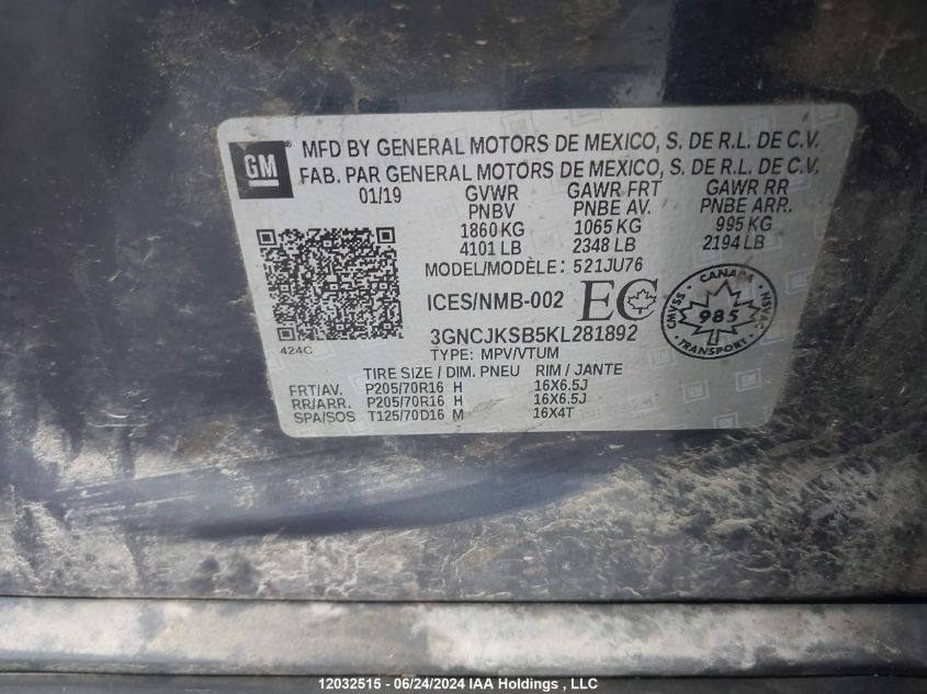 2019 Chevrolet Trax VIN: 3GNCJKSB5KL281892 Lot: 12032515