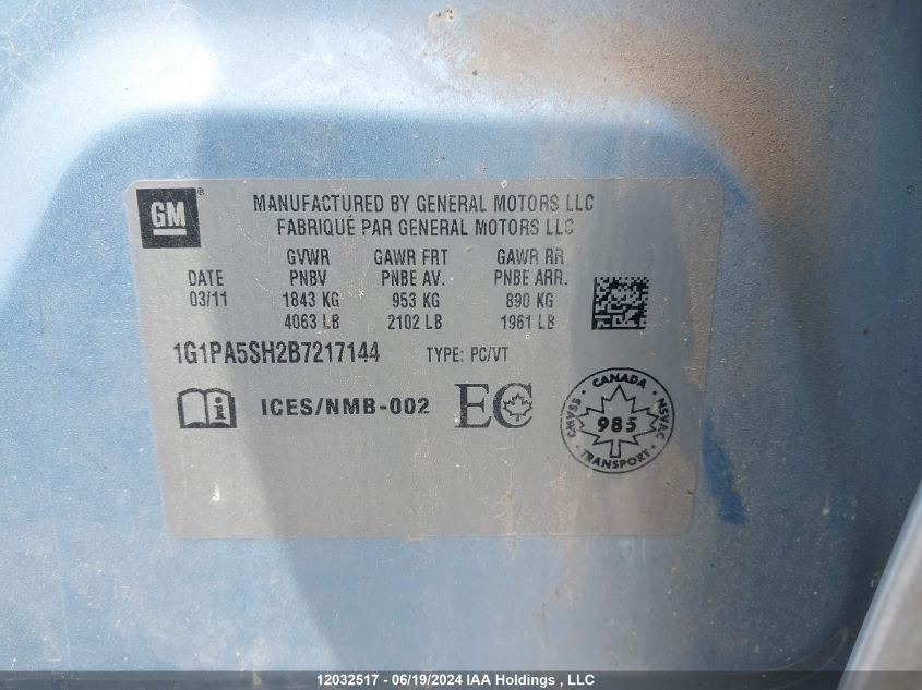 2011 Chevrolet Cruze VIN: 1G1PA5SH2B7217144 Lot: 12032517