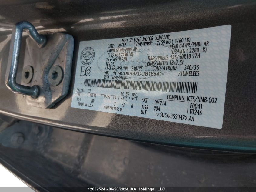 2013 Ford Escape Sel VIN: 1FMCU0H9XDUB18541 Lot: 12032524