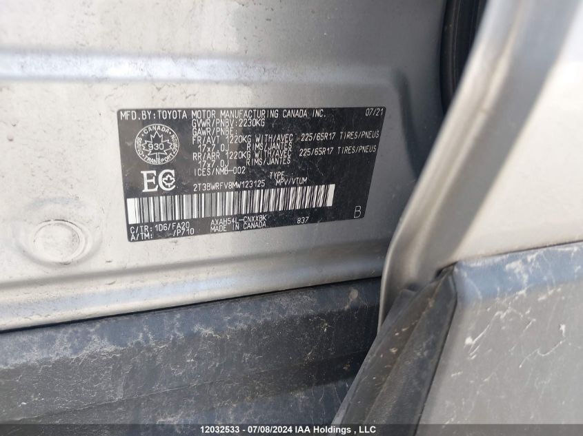 2021 Toyota Rav4 Le VIN: 2T3BWRFV8MW123125 Lot: 12032533