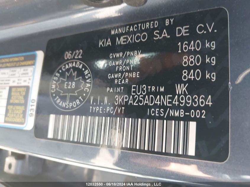 2022 Kia Rio S VIN: 3KPA25AD4NE499364 Lot: 12032550