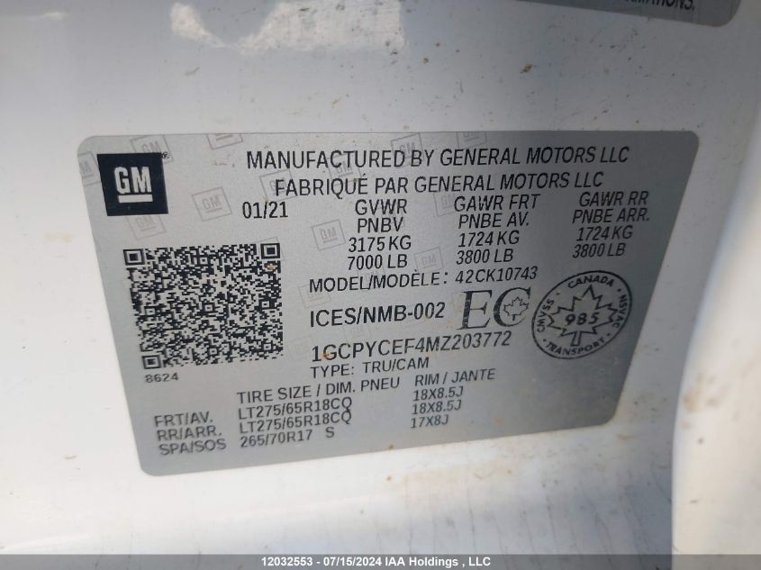 2021 Chevrolet Silverado 1500 VIN: 1GCPYCEF4MZ203772 Lot: 12032553