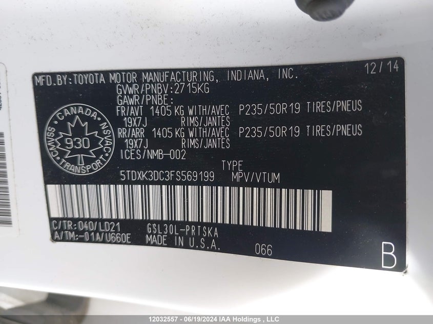 2015 Toyota Sienna Sport VIN: 5TDXK3DC3FS569199 Lot: 12032557