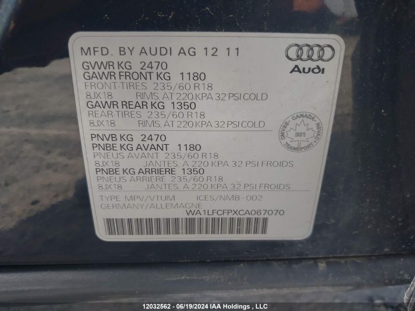 2012 Audi Q5 VIN: WA1LFCFPXCA067070 Lot: 12032562