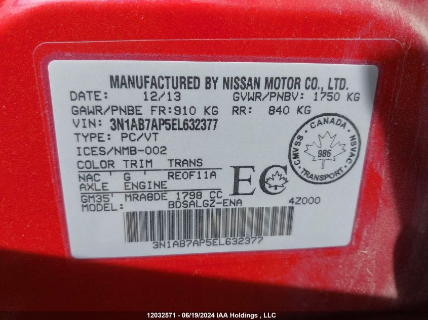 2014 Nissan Sentra VIN: 3N1AB7AP5EL632377 Lot: 12032571