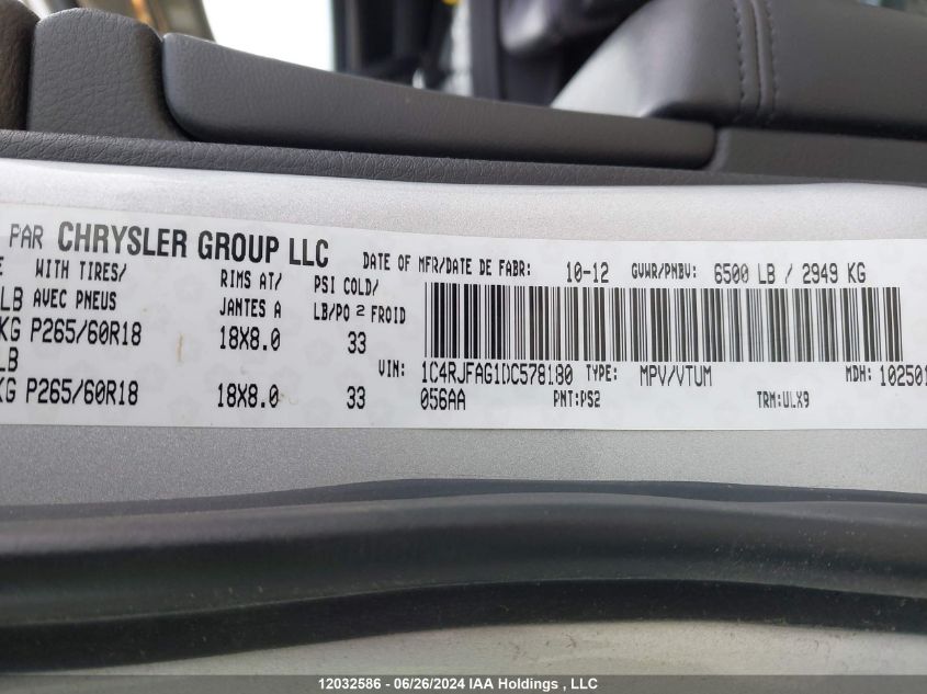 2013 Jeep Grand Cherokee Laredo VIN: 1C4RJFAG1DC578180 Lot: 12032586