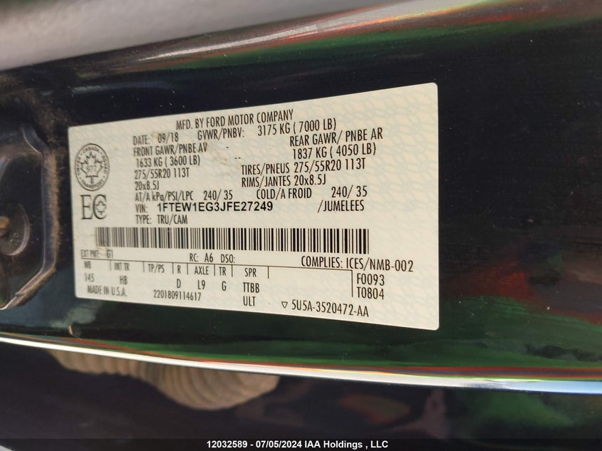 2018 Ford F-150 Lariat VIN: 1FTEW1EG3JFE27249 Lot: 12032589