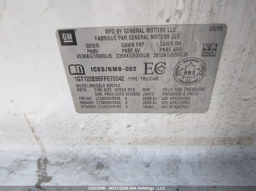 2015 GMC Sierra 2500Hd VIN: 1GT120E88FF679342 Lot: 12032596