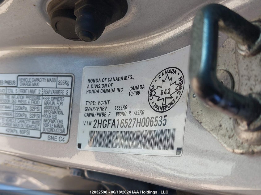 2007 Honda Civic Sdn VIN: 2HGFA16527H006535 Lot: 12032598