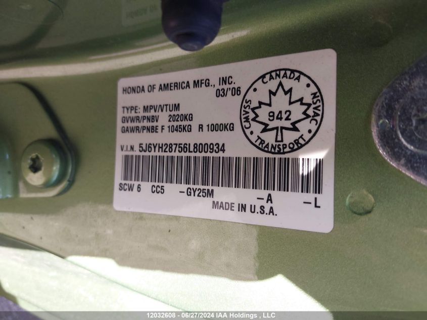 2006 Honda Element Ex VIN: 5J6YH28756L800934 Lot: 12032608