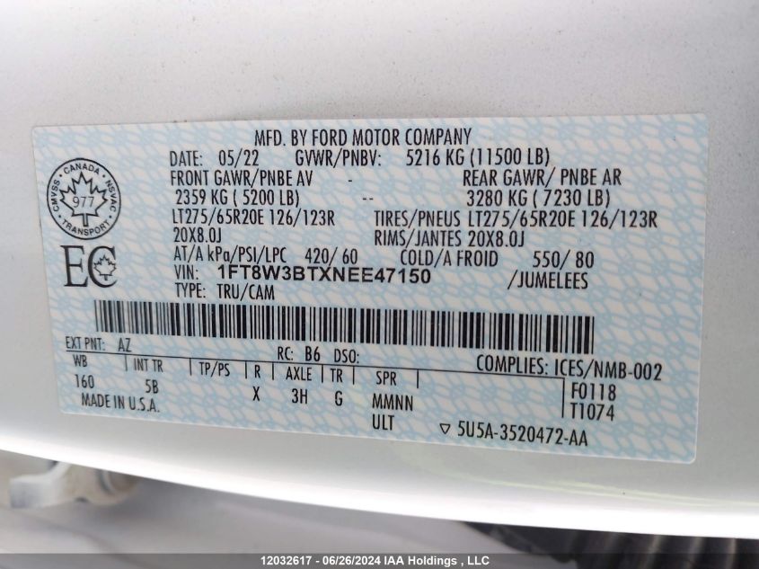 2022 Ford F-350 Lariat VIN: 1FT8W3BTXNEE47150 Lot: 12032617