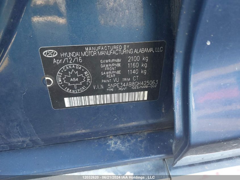 2016 Hyundai Sonata Sport/Limited VIN: 5NPE34AB8GH425063 Lot: 12032620