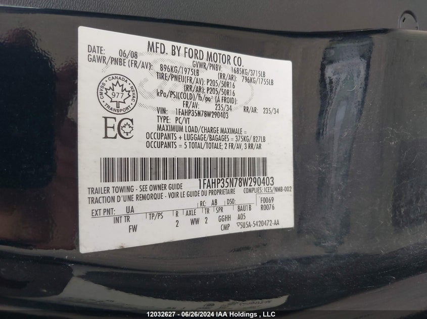 2008 Ford Focus Se/Sel/Ses VIN: 1FAHP35N78W290403 Lot: 12032627