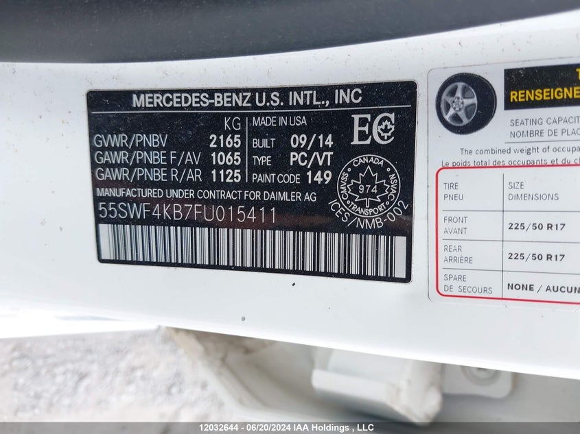 2015 Mercedes-Benz C-Class C 300 VIN: 55SWF4KB7FU015411 Lot: 12032644