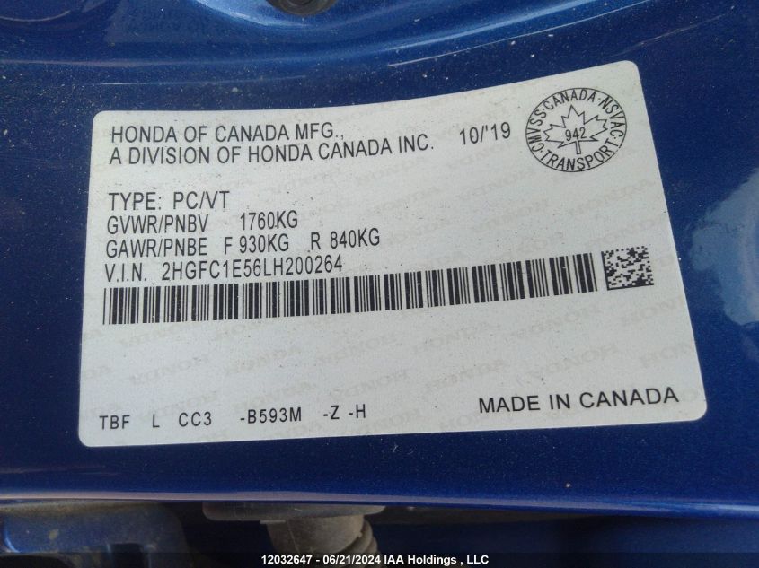 2020 Honda Civic Si Sedan VIN: 2HGFC1E56LH200264 Lot: 12032647