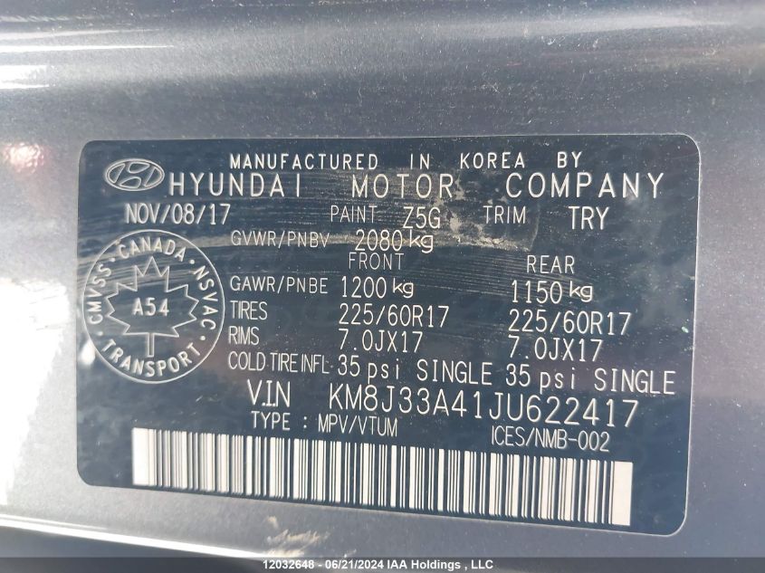 2018 Hyundai Tucson Limited/Sport And Eco/Se VIN: KM8J33A41JU622417 Lot: 12032648