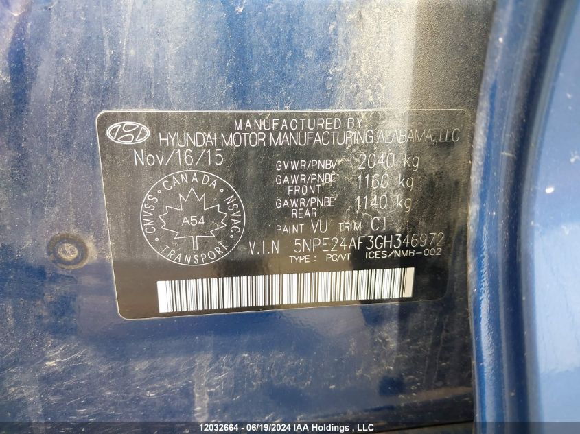 2016 Hyundai Sonata Gls Special Edition VIN: 5NPE24AF3GH346972 Lot: 12032664