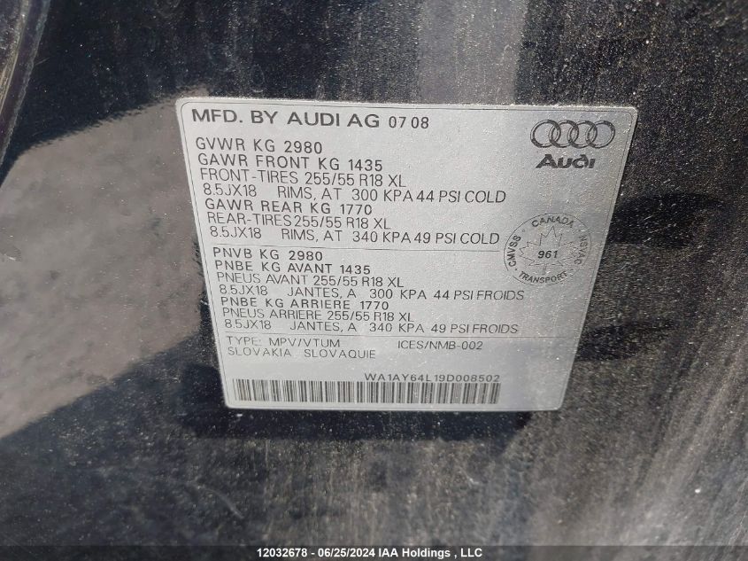 2009 Audi Q7 VIN: WA1AY64L19D008502 Lot: 12032678