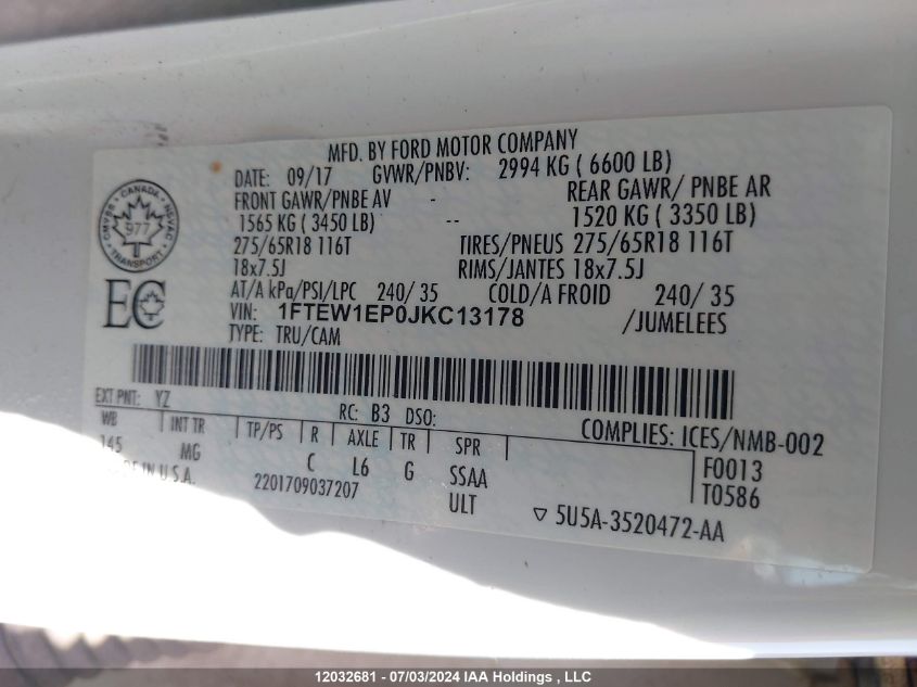 2018 Ford F150 Supercrew VIN: 1FTEW1EP0JKC13178 Lot: 12032681