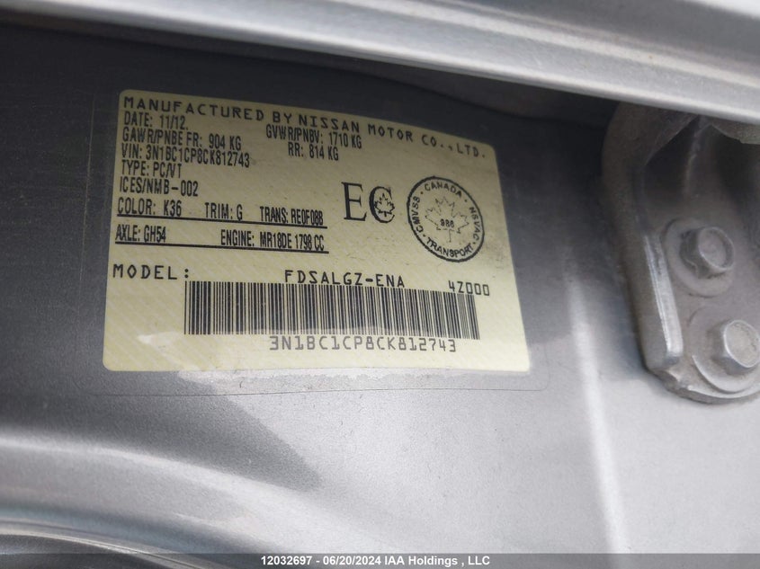 2012 Nissan Versa VIN: 3N1BC1CP8CK812743 Lot: 12032697