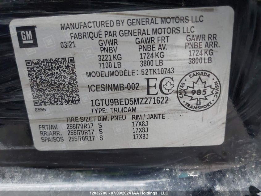 2021 GMC Sierra K1500 Sle VIN: 1GTU9BED5MZ271622 Lot: 12032705