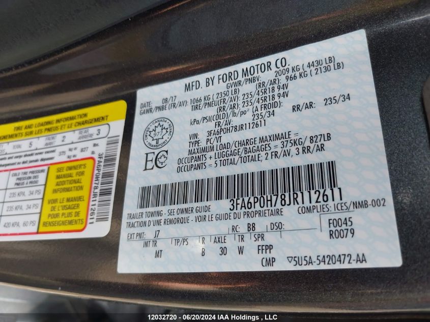 2018 Ford Fusion Se VIN: 3FA6P0H78JR112611 Lot: 12032720