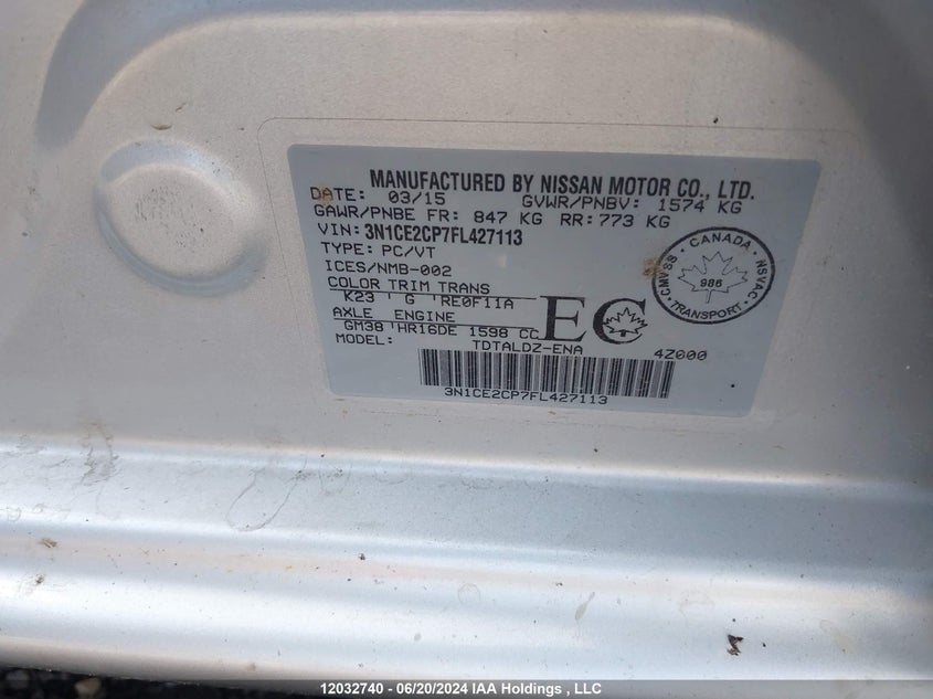 2015 Nissan Versa Note S/S Plus/Sv/Sl/Sr VIN: 3N1CE2CP7FL427113 Lot: 12032740