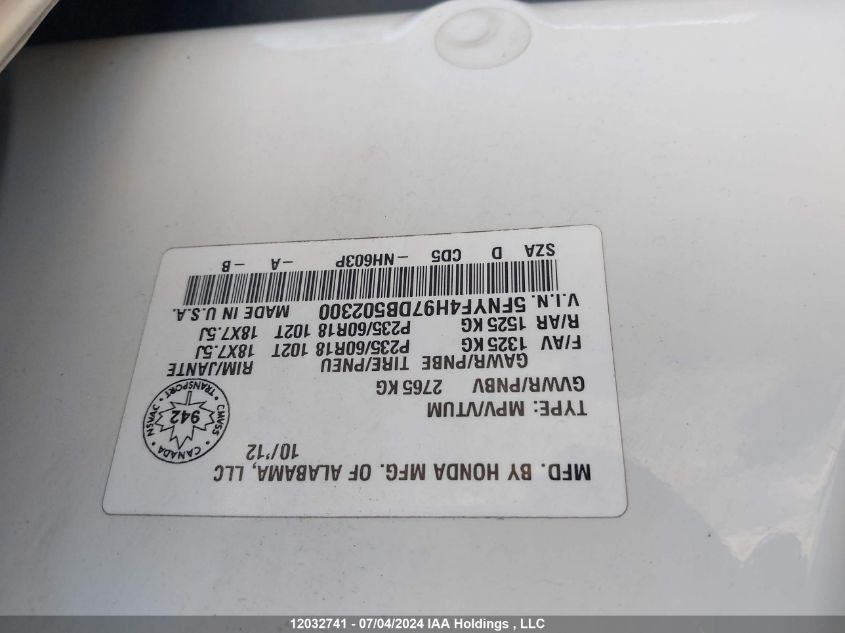 2013 Honda Pilot VIN: 5FNYF4H97DB502300 Lot: 12032741