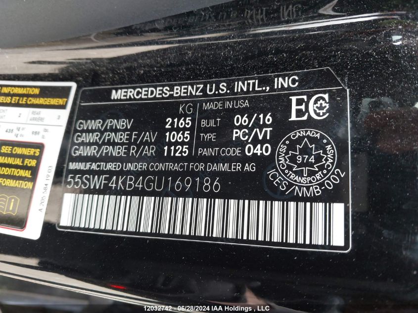 2016 Mercedes-Benz C 300 4Matic VIN: 55SWF4KB4GU169186 Lot: 12032742