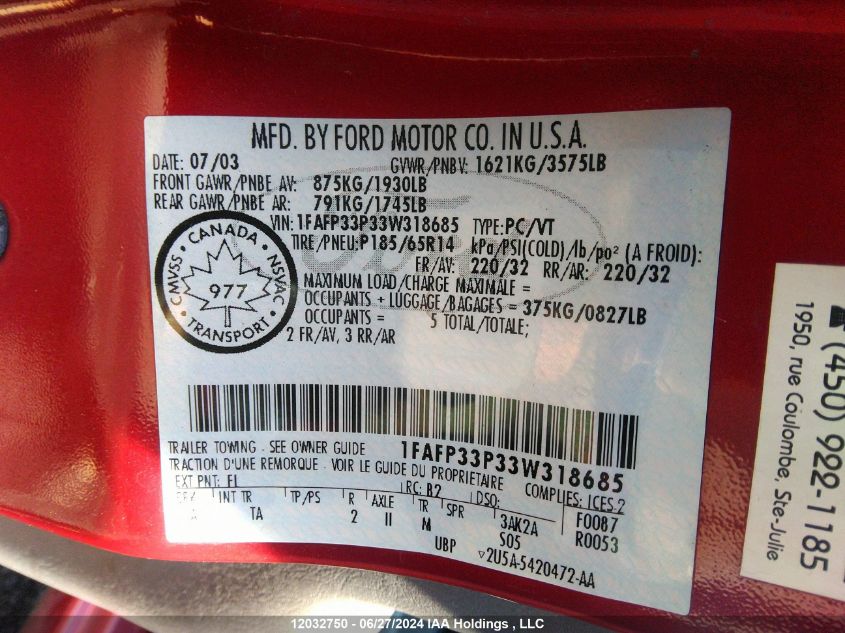 2003 Ford Focus Lx VIN: 1FAFP33P33W318685 Lot: 12032750