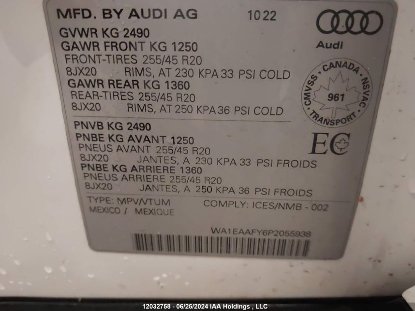 2023 Audi Q5 VIN: WA1EAAFY6P2055938 Lot: 12032758